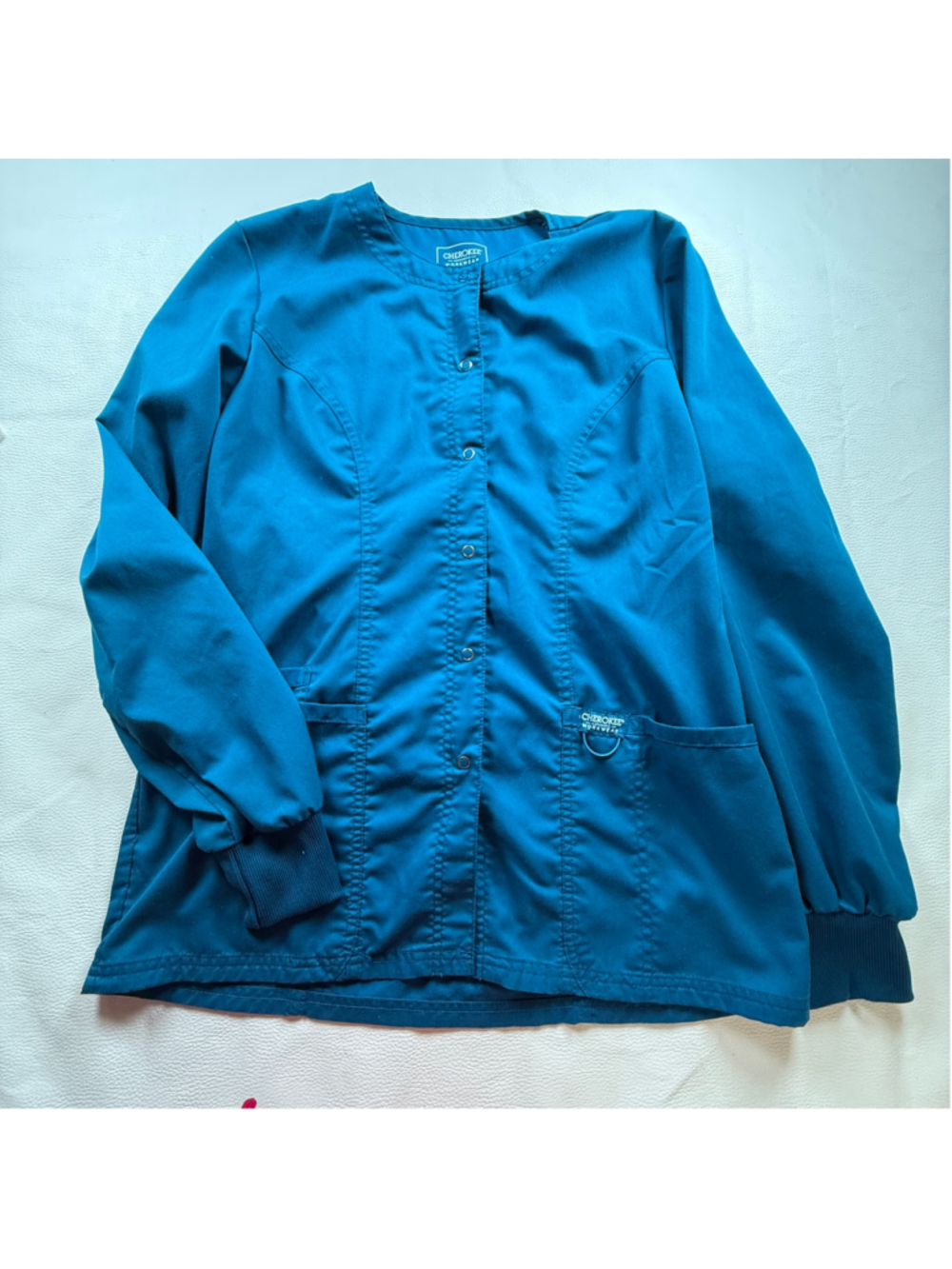 Cherokee Authentic Workwear Teal Scrub Jacket Snap Front Long Sleeve Medical Nur